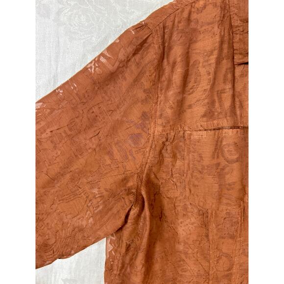 Chicos Button Up 2 Large Brown Sheer Abstract Linen Blend Jacket - Picture 5 of 13